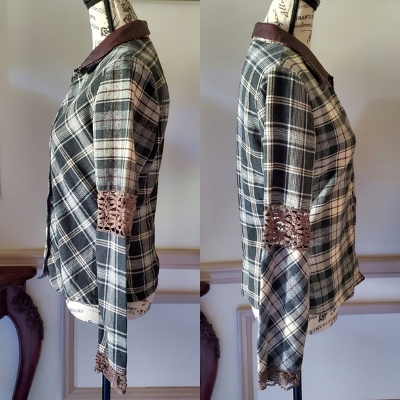 Vintage Cotton Leather And Lace Plaid Western Shirt - Picture 6 of 12
